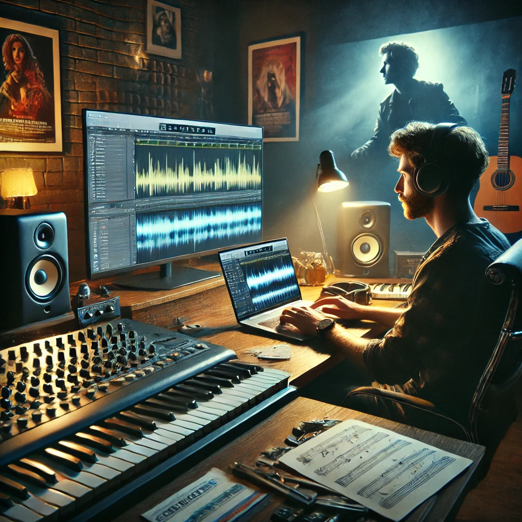 A music composer creating a fan soundtrack at a desk with musical instruments, a laptop displaying music editing software, and a movie scene playing on a monitor in a dimly lit room.