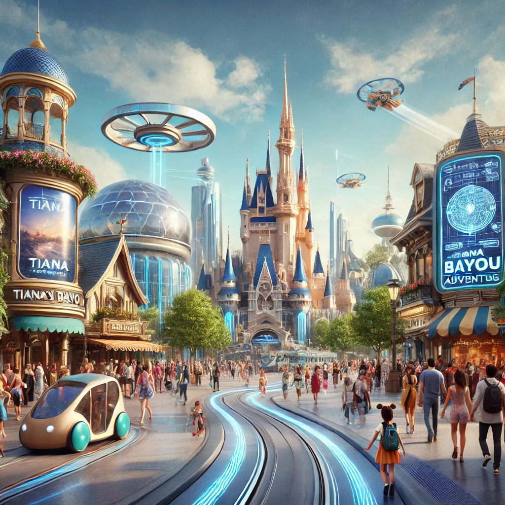 Futuristic Disney park in 2025 featuring new attractions like Tiana’s Bayou Adventure and advanced technology such as interactive screens.