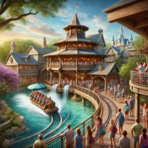 Exterior of Tiana’s Bayou Adventure replacing Splash Mountain at Disney World and Disneyland in 2025, with excited guests in line and updated park elements.