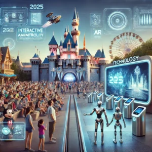 Guests interacting with advanced animatronics and augmented reality (AR) technology at Disney parks in 2025, showcasing futuristic queue management and digital systems.