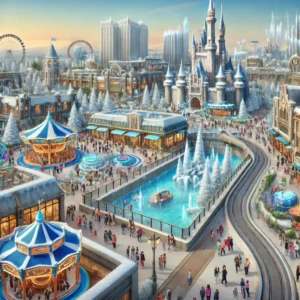 A futuristic theme park in 2025 with a winter-themed castle and an urban-themed zone in the background, with visitors enjoying the attractions.