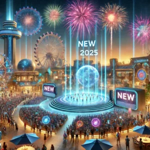 A nighttime spectacular show at a futuristic theme park in 2025, featuring fireworks, colorful lighting, live performers, and vibrant projections.