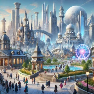 A global theme park expansion in 2025, featuring diverse architectural styles, including a snowy landscape with a castle and a vibrant city-themed area with futuristic structures.