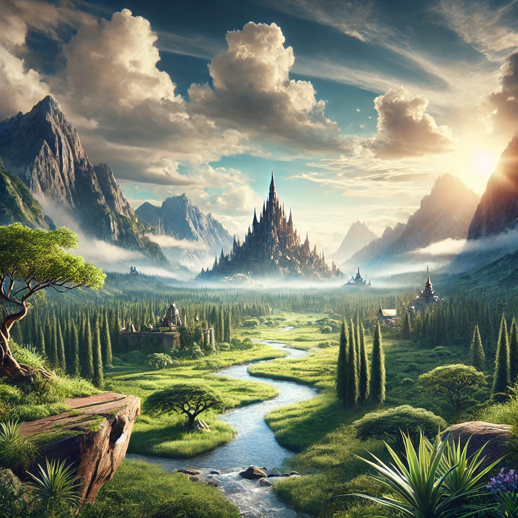 Fantasy adventure landscape with mountains, forest, and a grand castle in a cinematic style, evoking a Disney-like atmosphere.