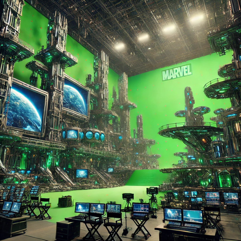 A futuristic movie studio set with green screens and advanced filming equipment, representing the future of the Marvel Cinematic Universe in 2025.