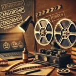 An image showing the evolution of film censorship, featuring a vintage film projector from the early 1900s and a modern digital movie streaming setup with censorship stamps and redacted text in the background.