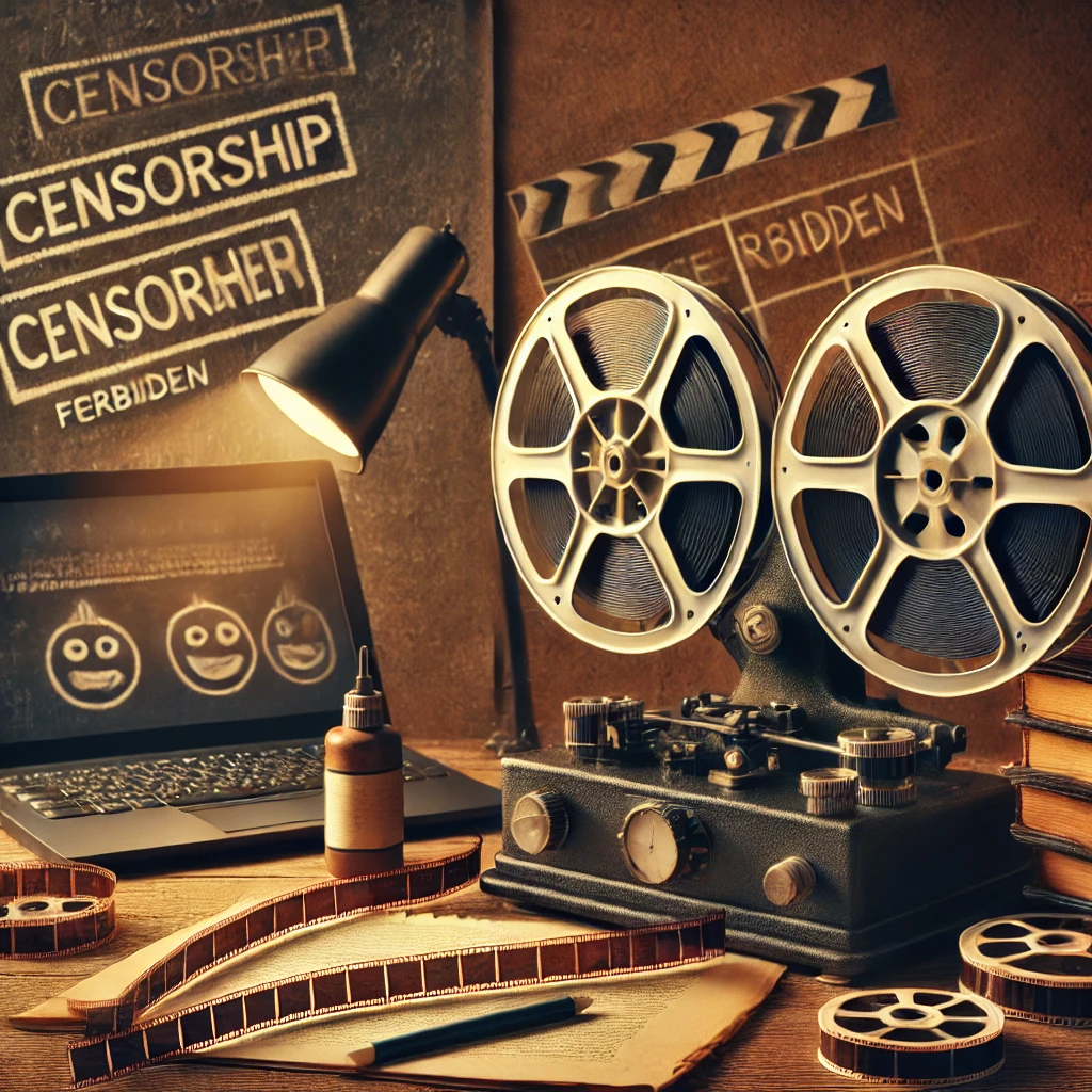 An image showing the evolution of film censorship, featuring a vintage film projector from the early 1900s and a modern digital movie streaming setup with censorship stamps and redacted text in the background.