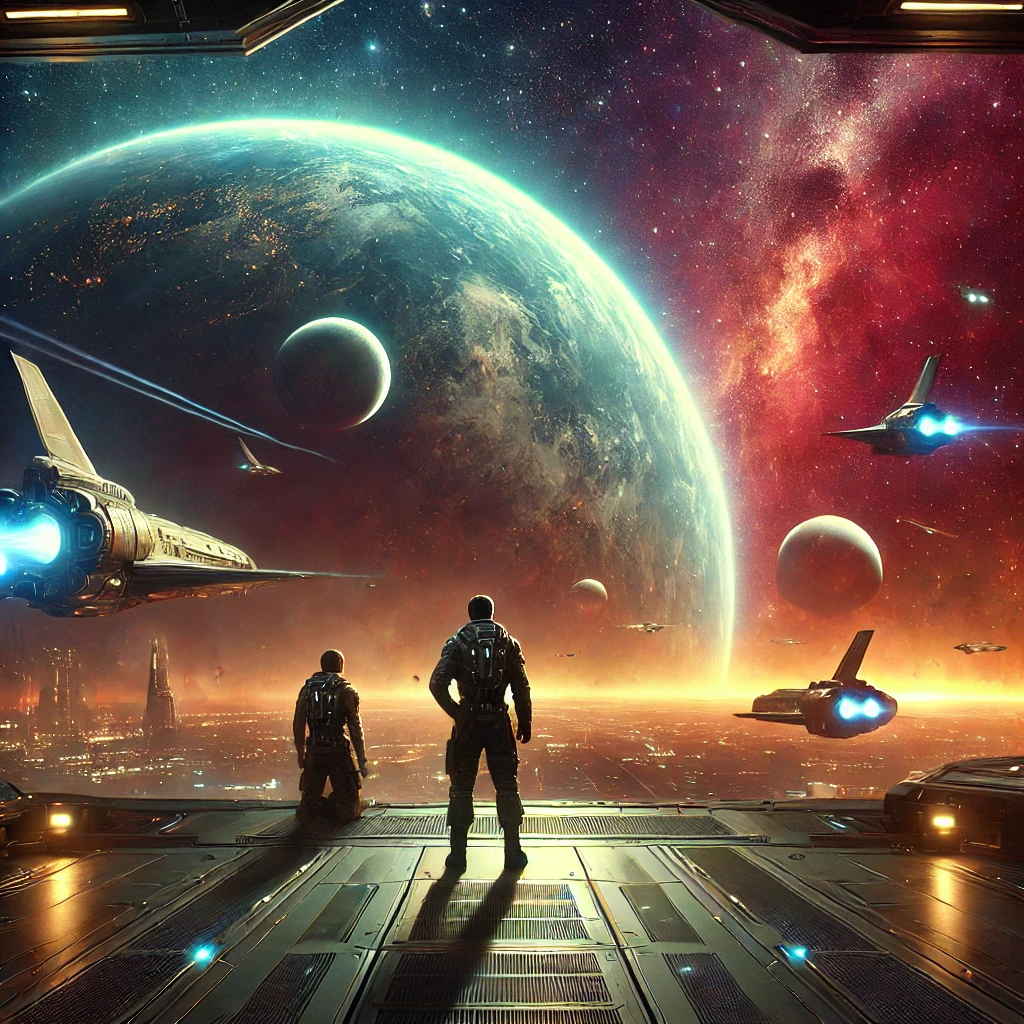 Futuristic galaxy scene with planets, spaceships, and characters on a space station, representing a vast science fiction universe.