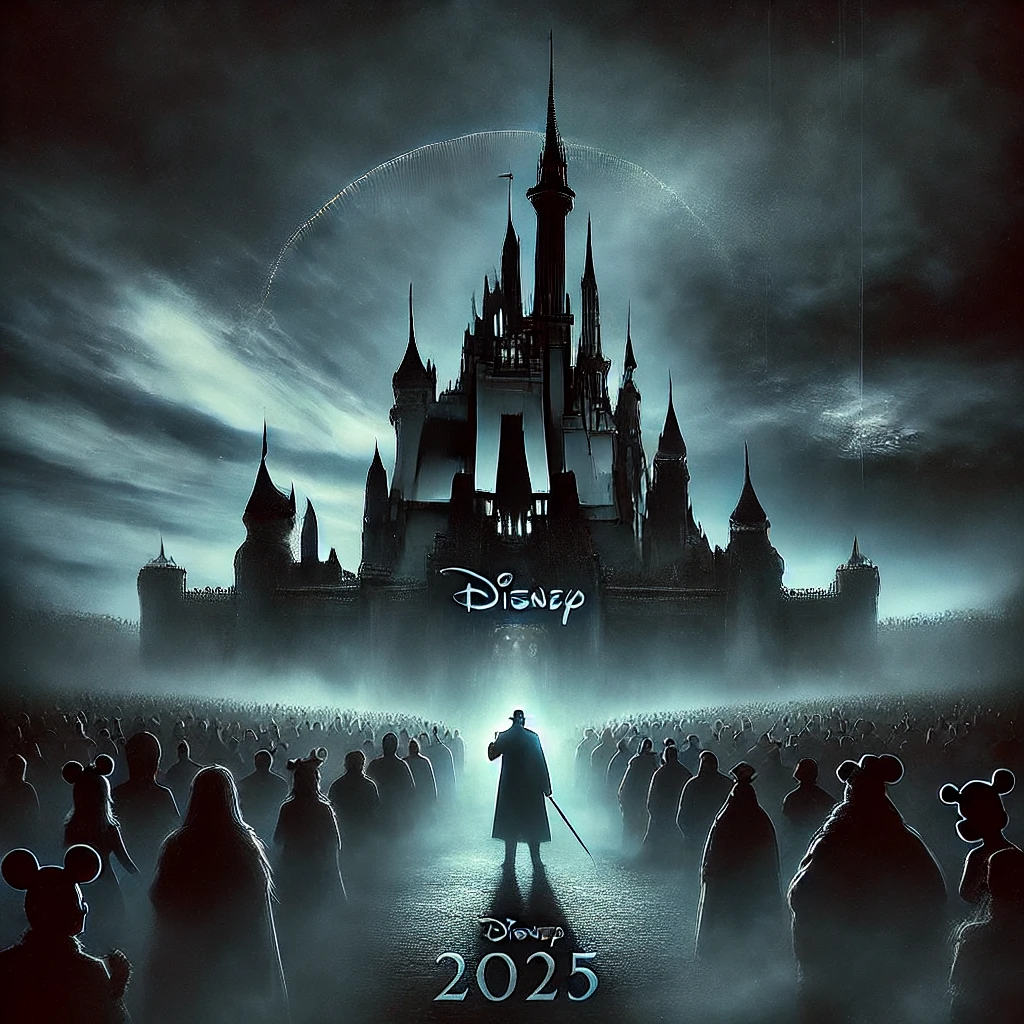 Dark, shadowy figures of iconic Disney-like villains returning in 2025, standing in an ominous landscape, hinting at their mysterious comeback.