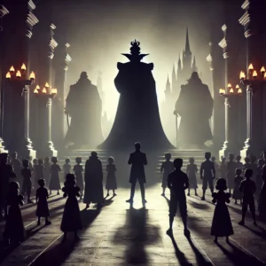 Silhouettes of generic Disney-like villains on a dimly lit stage, evoking power and menace, with shadowy figures casting an eerie aura in a cinematic scene.