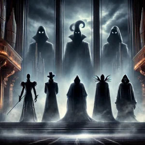 Five shadowy, Disney-like villain figures standing ominously against a dramatic stormy sky, evoking mystery and menace, symbolizing their return in 2025.