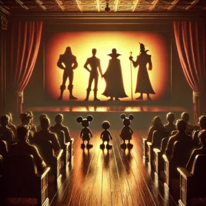 Shadowy, faceless villain figures standing in front of a glowing screen in a dark room, evoking a sense of nostalgia and anticipation for Disney villain comebacks.