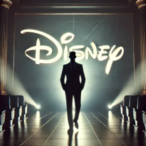 A shadowy corporate figure standing in front of a large glowing screen, symbolizing the power and dominance of Disney in a dark, dramatic setting.