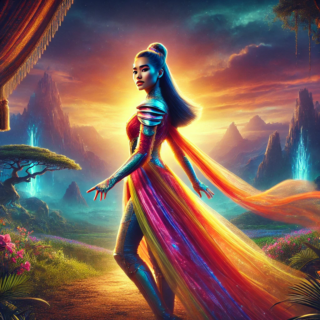 2025 Disney-style princess in modern attire, standing confidently against a tropical landscape backdrop with a mystical and adventurous atmosphere.