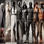 Collage of iconic movie costumes including a white halter dress, sleek black dress, futuristic armor, leather jacket with fedora, and high-tech superhero suit