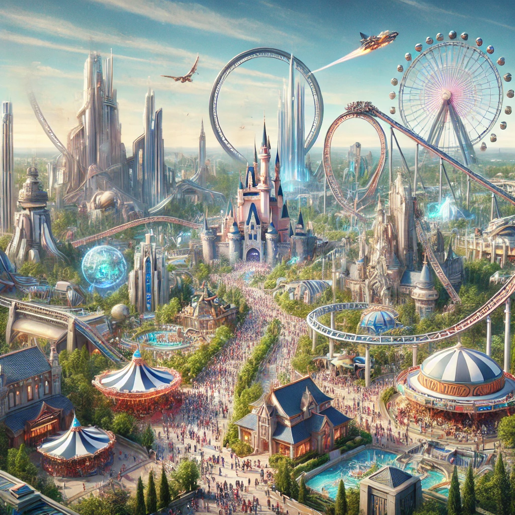 Futuristic theme park with massive roller coasters, towering structures, and immersive sci-fi zones, depicting Disney's 2025 expansions.