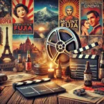 A realistic image showcasing a diverse collection of international cinema elements, including a vintage film reel, clapperboard, and iconic film posters from various regions like Europe, Asia, and Latin America.