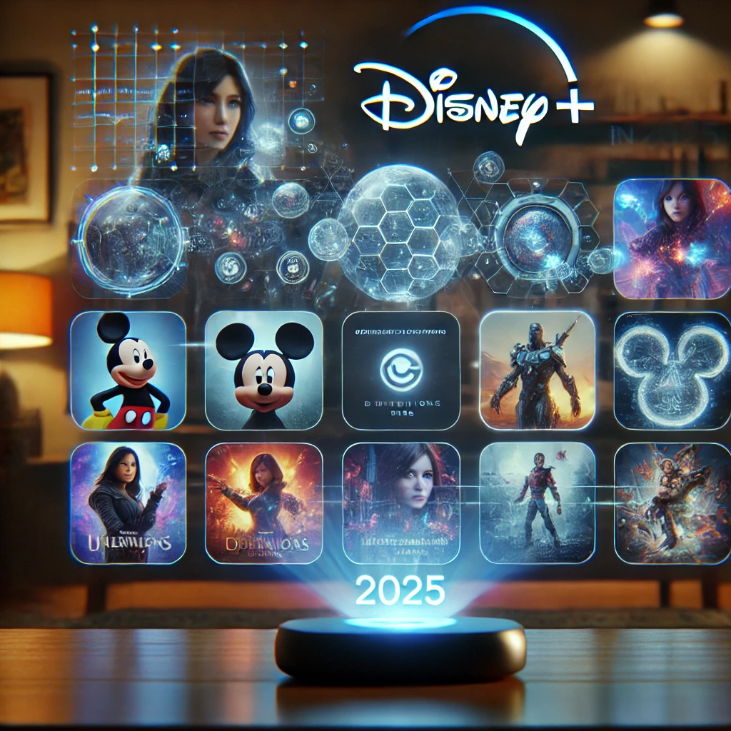 A futuristic streaming interface featuring Disney+ Originals of 2025, with animated and live-action thumbnails in a holographic display in a modern living room setting.