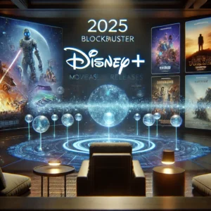 A futuristic home theater showcasing upcoming blockbuster Disney+ releases for 2025, with holographic movie thumbnails on a sleek screen and ambient lighting, set in a modern, high-tech room with comfortable seating.