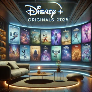 A futuristic living room showcasing colorful and vibrant animated series thumbnails on a large screen, representing Disney+ Originals in 2025. The room has ambient lighting, a cozy modern design, and emphasizes an immersive viewing experience.