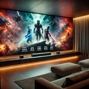 A futuristic home theater setup displaying a dramatic interface with holographic sci-fi and fantasy series scenes, featuring epic battles and space adventures in a sleek, modern room with ambient lighting.