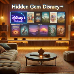 A cozy modern living room displaying hidden gem Disney+ Originals on a large screen, featuring indie-style film and series thumbnails with documentary and animated shows. The room has warm lighting and comfortable furniture, creating a relaxed viewing atmosphere.