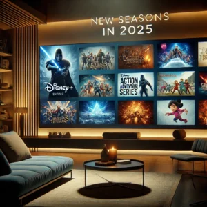 A modern living room displaying upcoming new seasons of fan-favorite Disney+ shows on a large screen. The sleek interface showcases action and adventure series thumbnails, with ambient lighting and comfortable seating creating a cinematic experience.