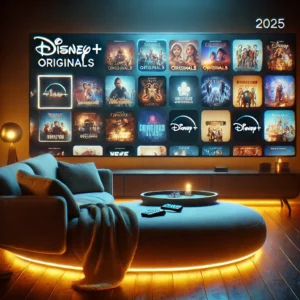 A cozy futuristic living room with a large screen displaying a variety of Disney+ Originals, reflecting the overwhelming amount of content available in 2025. The scene features a comfortable couch and ambient lighting, creating an immersive viewing atmosphere.