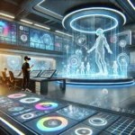 A futuristic animation studio showcasing advanced digital screens with vibrant 3D animations, virtual reality equipment, and a high-tech environment reflecting the future of animation.