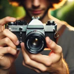 Person holding an analog 35mm SLR film camera, ready to take a photo outdoors