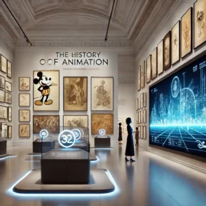 An art gallery displaying the history of animation, with framed sketches, large screens playing early animation clips, and a futuristic digital animation display. The room has a museum-like, minimalistic design with visitors admiring the legacy of animation through different eras.