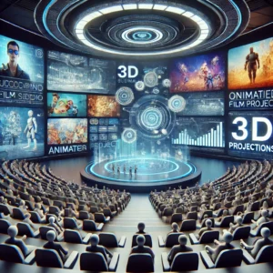 A futuristic cinema studio with large screens displaying upcoming animated film projects, featuring advanced 3D projections and immersive technology. Viewers sit in a modern high-tech theater environment.