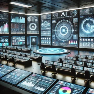 A futuristic animation control center with large screens displaying data, charts, and animations. Advanced AI systems and surveillance technology are used to monitor global animation trends in a sleek, minimalistic room.