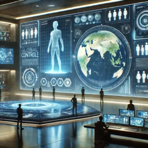 A futuristic control room with large digital displays showing animated figures and global data maps, symbolizing control over the animation industry. The high-tech environment features advanced glowing interfaces and figures monitoring the data.