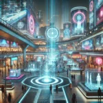 Futuristic theme park at night, filled with holographic displays, digital billboards, and virtual reality attractions, blending real-world architecture with advanced technology.