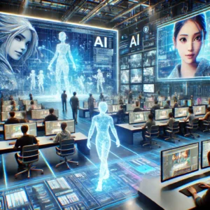 Futuristic movie production studio with advanced technology, showcasing AI software rendering animated characters on digital screens and holographic displays, highlighting the role of AI in animation development.