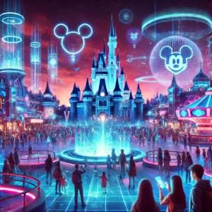 Futuristic Disney theme park at night with vibrant holographic attractions and augmented reality experiences, blending digital and physical elements to create an immersive, high-tech environment.