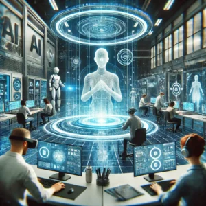 High-tech studio with advanced AI and virtual reality systems where engineers work with holographic displays and VR headsets, creating immersive digital content in a futuristic environment.