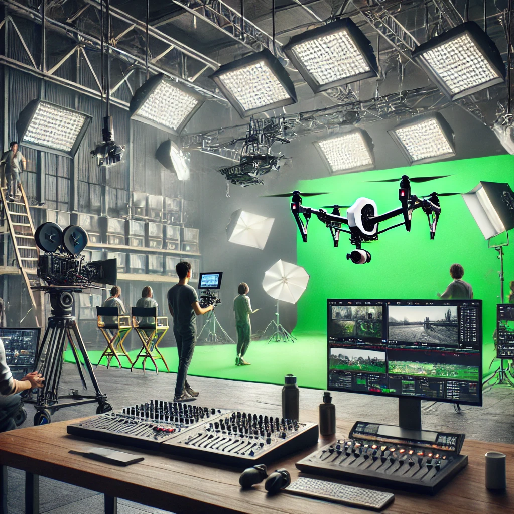 A modern film set featuring advanced filmmaking technologies such as green screens, large LED screens, a camera drone, and a director overseeing the production.