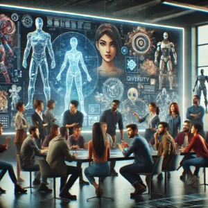 A diverse group of individuals in a futuristic creative studio discussing character designs and story ideas, surrounded by holographic displays and concept art that reflect cultural inclusivity in modern storytelling.