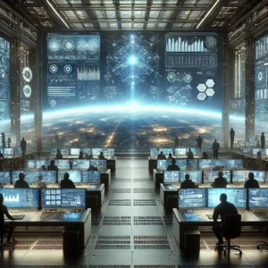 Futuristic control center overlooking a digital network, filled with screens displaying media, analytics, and AI-driven algorithms, representing corporate control over entertainment and media in 2025.