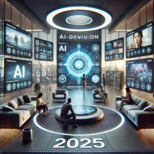 Futuristic living room with multiple screens displaying streaming content, where a family interacts with a central screen and AI-driven recommendations are shown on smaller devices, highlighting the role of algorithms in content control in 2025.