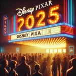 A diverse group of people standing in front of a glowing movie theater marquee that says 'Disney Pixar 2025,' evoking excitement for upcoming movie releases.