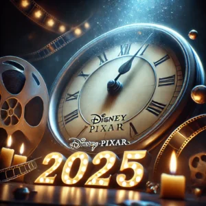 A close-up of a clock ticking down to midnight, symbolizing the countdown to Disney Pixar's 2025 movie releases, with glowing film-themed elements in the background.