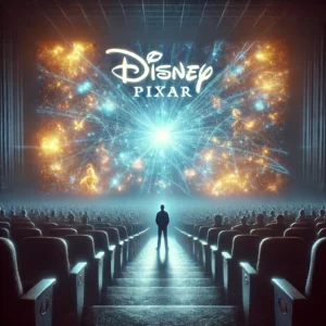 A person standing in front of a large glowing movie screen in a dark theater, symbolizing the captivating and irresistible nature of Disney Pixar films.