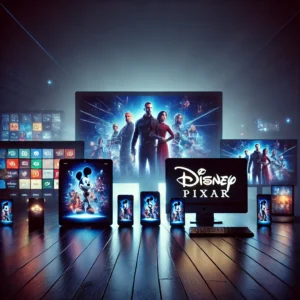 Multiple glowing screens, including a cinema screen, tablet, laptop, and smart TV, symbolizing the competition between platforms for streaming Disney Pixar movies in 2025.