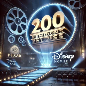 A futuristic countdown clock with a glowing backdrop of movie elements, symbolizing the anticipation for Disney Pixar's 2025 film releases.