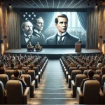 An audience in a modern cinema watching a biographical film, with a large movie screen depicting a historical figure.