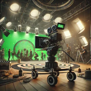 Movie set for a live-action film with a professional camera, green screen, and crew members preparing the set.