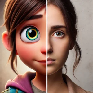 Split comparison of an animated character with expressive eyes and a more realistic but emotionally subdued live-action character.